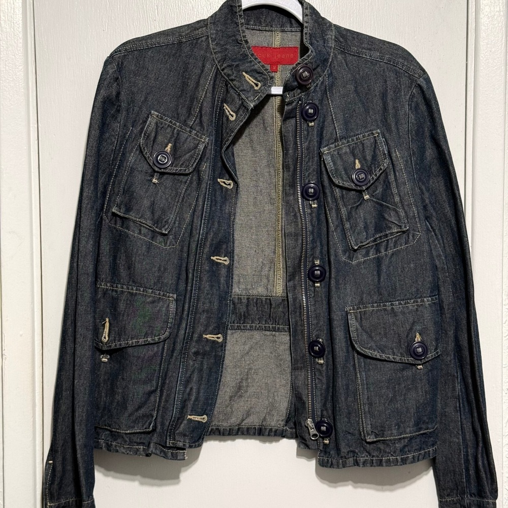 FCUK Jeans Dark Wash Cotton Linen Utility Denim Jacket Blue Womens Medium